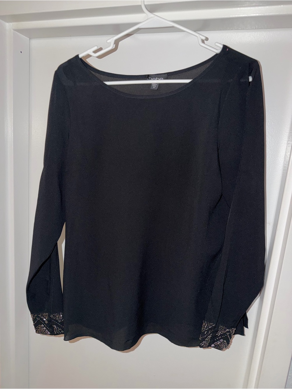 bebe Black Long-Sleeve Blouse with Geometric jeweled Cuffs S